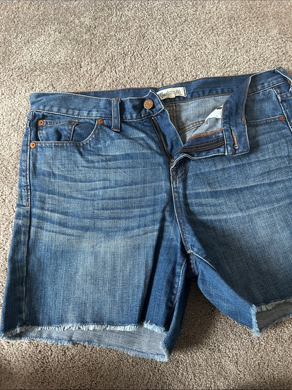 Madewell Mid-Blue Frayed Hem Denim Shorts